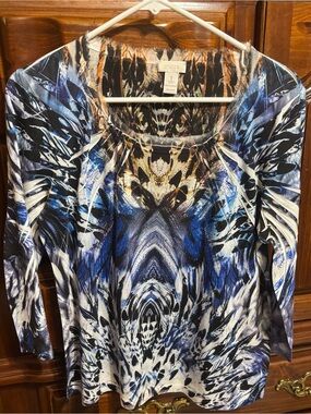 Chico's Blue, Black & White Abstract-Print Long Sleeve Top